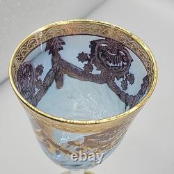 Set J Preziosi Lavorato A Mano Italy Wine Carafee 2+ Glasses Blue Gold Vintage