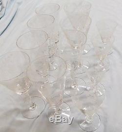 Set Of 12 Vintage Conical Crystal Wine Glasses, 3 Sizes, Etched Bell Flowers, Vg