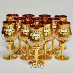 Set Of 12 Vintage Murano Tre Fouchi Gold Encrusted Wine Glasses