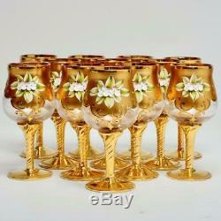 Set Of 12 Vintage Murano Tre Fouchi Gold Encrusted Wine Glasses