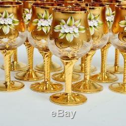 Set Of 12 Vintage Murano Tre Fouchi Gold Encrusted Wine Glasses