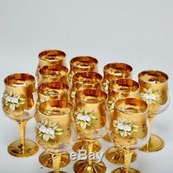 Set Of 12 Vintage Murano Tre Fouchi Gold Encrusted Wine Glasses