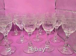 Set Of 13 Vintage Etched Crystal Wine Glasses Wheat Harvest Pattern Mid Century