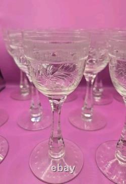 Set Of 13 Vintage Etched Crystal Wine Glasses Wheat Harvest Pattern Mid Century