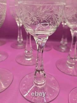 Set Of 13 Vintage Etched Crystal Wine Glasses Wheat Harvest Pattern Mid Century