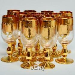 Set Of 13 Vintage Murano Tre Fouchi Gold Encrusted Wine Glasses