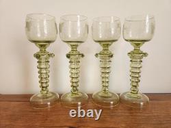 Set Of 4 Olive Green Glass Wine Goblets Or Roemers Etched Fritz Heckert