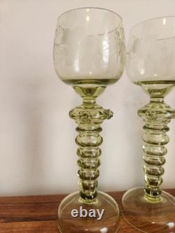 Set Of 4 Olive Green Glass Wine Goblets Or Roemers Etched Fritz Heckert