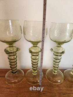 Set Of 4 Olive Green Glass Wine Goblets Or Roemers Etched Fritz Heckert
