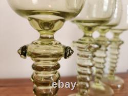 Set Of 4 Olive Green Glass Wine Goblets Or Roemers Etched Fritz Heckert