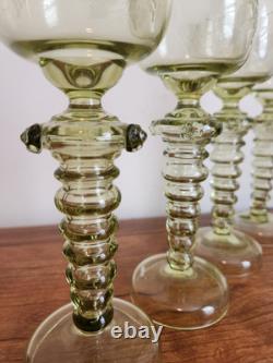 Set Of 4 Olive Green Glass Wine Goblets Or Roemers Etched Fritz Heckert