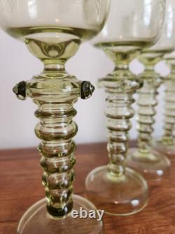 Set Of 4 Olive Green Glass Wine Goblets Or Roemers Etched Fritz Heckert