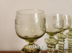 Set Of 4 Olive Green Glass Wine Goblets Or Roemers Etched Fritz Heckert
