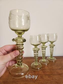 Set Of 4 Olive Green Glass Wine Goblets Or Roemers Etched Fritz Heckert