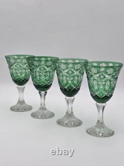 Set Of 4 Vintage Bohemian Czech Emerald Green Cut Crystal Wine Goblets. 7.75