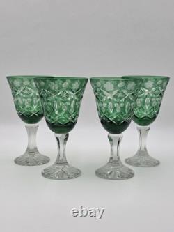 Set Of 4 Vintage Bohemian Czech Emerald Green Cut Crystal Wine Goblets. 7.75