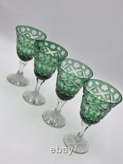 Set Of 4 Vintage Bohemian Czech Emerald Green Cut Crystal Wine Goblets. 7.75