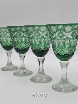 Set Of 4 Vintage Bohemian Czech Emerald Green Cut Crystal Wine Goblets. 7.75