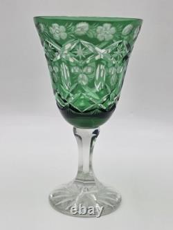 Set Of 4 Vintage Bohemian Czech Emerald Green Cut Crystal Wine Goblets. 7.75