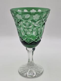 Set Of 4 Vintage Bohemian Czech Emerald Green Cut Crystal Wine Goblets. 7.75