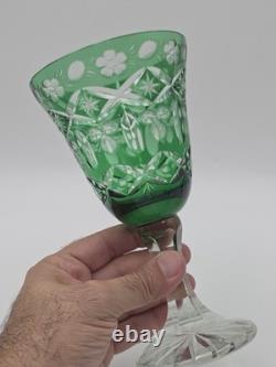 Set Of 4 Vintage Bohemian Czech Emerald Green Cut Crystal Wine Goblets. 7.75