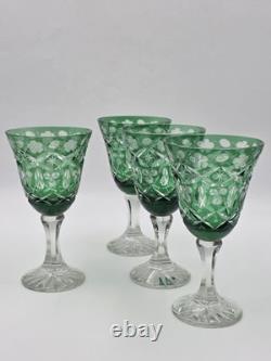 Set Of 4 Vintage Bohemian Czech Emerald Green Cut Crystal Wine Goblets. 7.75