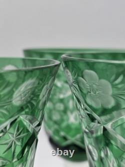 Set Of 4 Vintage Bohemian Czech Emerald Green Cut Crystal Wine Goblets. 7.75