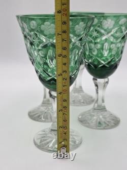 Set Of 4 Vintage Bohemian Czech Emerald Green Cut Crystal Wine Goblets. 7.75