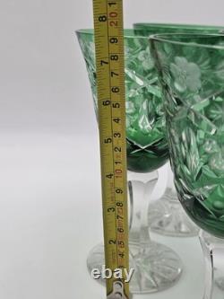 Set Of 4 Vintage Bohemian Czech Emerald Green Cut Crystal Wine Goblets. 7.75