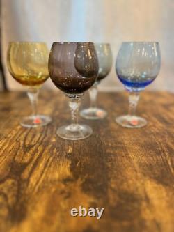 Set Of 4 Vintage Italian Colored Handblown Wine Glasses Clear Twisted Stems In A