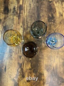 Set Of 4 Vintage Italian Colored Handblown Wine Glasses Clear Twisted Stems In A