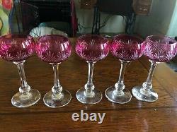Set Of 5 Vintage Bohemian Ruby Cut To Clear Hock Wine Glasses 6 7/8