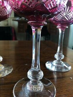 Set Of 5 Vintage Bohemian Ruby Cut To Clear Hock Wine Glasses 6 7/8