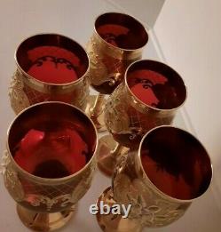 Set Of 5 Vintage Murano Venetian Ruby Red Hand Painted Wine Glass Goblet