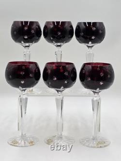 Set Of 6 Vintage Ajka Marsala Ruby Red Cut To Clear Crystal Hock Wine Glass