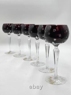 Set Of 6 Vintage Ajka Marsala Ruby Red Cut To Clear Crystal Hock Wine Glass