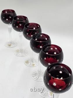 Set Of 6 Vintage Ajka Marsala Ruby Red Cut To Clear Crystal Hock Wine Glass