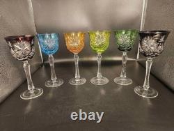 Set Of 6 Vintage Bohemian Cut-to-Clear Colored Crystal Wine Glasses MCM