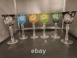 Set Of 6 Vintage Bohemian Cut-to-Clear Colored Crystal Wine Glasses MCM