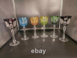 Set Of 6 Vintage Bohemian Cut-to-Clear Colored Crystal Wine Glasses MCM