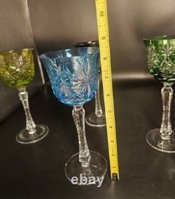 Set Of 6 Vintage Bohemian Cut-to-Clear Colored Crystal Wine Glasses MCM