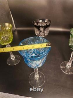 Set Of 6 Vintage Bohemian Cut-to-Clear Colored Crystal Wine Glasses MCM