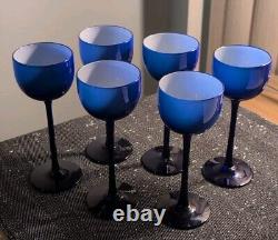 Set Of 6 Vintage Carlo Moretti Blue with White Cased 6.5 Wine Glasses