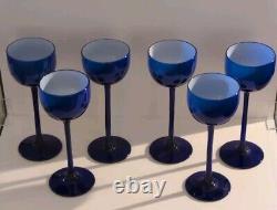 Set Of 6 Vintage Carlo Moretti Blue with White Cased 6.5 Wine Glasses