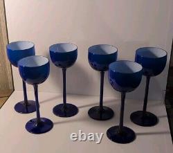 Set Of 6 Vintage Carlo Moretti Blue with White Cased 6.5 Wine Glasses