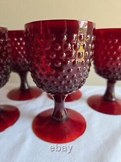 Set Of 6 Vintage Hobnail Ruby Red Wine Glasses/Water Goblets Stemware Glassware
