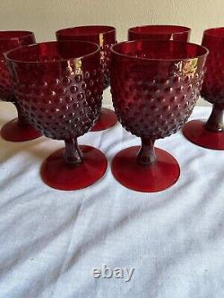 Set Of 6 Vintage Hobnail Ruby Red Wine Glasses/Water Goblets Stemware Glassware