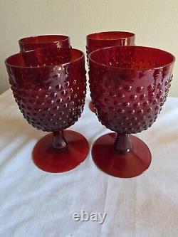 Set Of 6 Vintage Hobnail Ruby Red Wine Glasses/Water Goblets Stemware Glassware