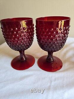 Set Of 6 Vintage Hobnail Ruby Red Wine Glasses/Water Goblets Stemware Glassware