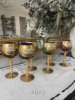 Set Of 6 Vintage MURANO WINE GLASSES 24k Gold & Enamel flower